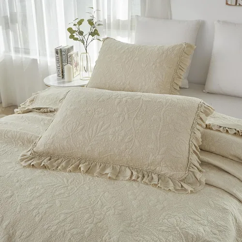 Miniatura 6 de Brandream Juego de Edredón Tamaño Queen de Algodón Beige con Estampado Floral y Enredaderas Matelassé Juego de Colcha con Volantes 3 Piezas