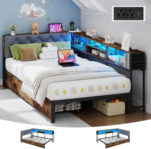 Doltoro Marco de Cama de Esquina Individual con Estantería de Almacenamiento y Luces LED, Cama Diván Tamaño Individual con 2 Cajones de Gris (rustic