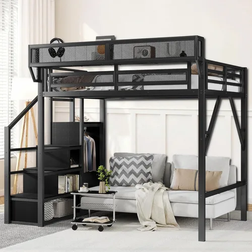 Miniatura 11 de Cama tipo loft de tamaño matrimonial con escaleras de almacenamiento integradas, armario, marco de cama alta de metal con barandilla lateral