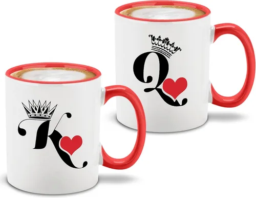 Miniatura 7 de shop4ever® King & Queen of Hearts - Juego de 2 tazas de café de cerámica para parejas, taza de té de 11 onzas, regalo para él y ella (mango negro)