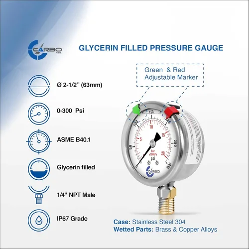 Miniatura 2 de Medidor de presión relleno de líquido de glicerina de 300 PSI, dial de 2.5 pulgadas, montaje inferior 1/4 NPT, caja de acero inoxidable 304, piezas