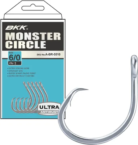 BKK Gancho Monster Circle | 4X | Revestimiento ultraantioxidante de agua salada | Punta de gancho de aguja | Mango forjado | Cebo de arrastre y vivo