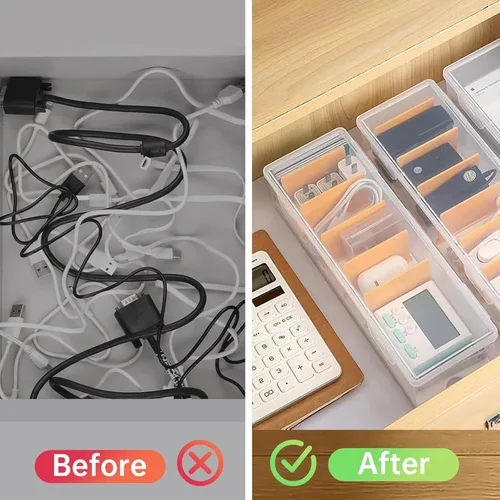 Miniatura 5 de Paquete de 2 cajas organizadoras de cables transparentes con tapa, organizador de almacenamiento de cable de carga de plástico, organizadores
