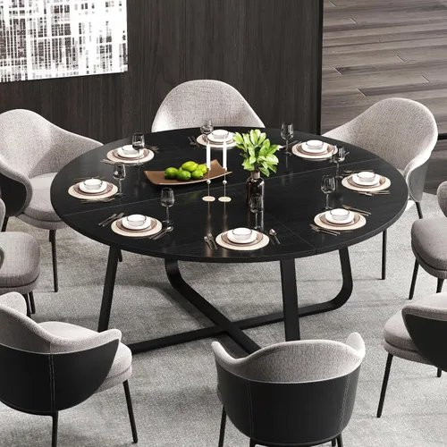 Miniatura 3 de LVB Mesa de comedor redonda negra de 42 pulgadas para 4 a 6, mesas de comedor circulares, mesas de cocina modernas de metal de madera, mesa