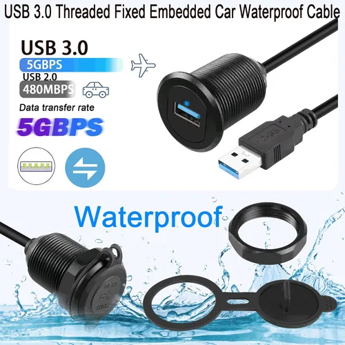 Miniatura 4 de QIANRENON Cable USB 3.0 de 5 Gbps a prueba de agua para automóvil, cable USB 3.0 hembra a macho para montaje en panel con luz LED, carcasa