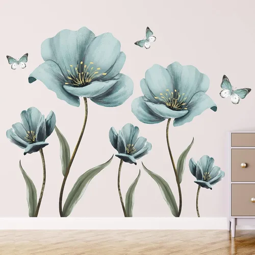 Calcomanías de pared de flores azules de ensueño creativas pintadas con mariposas para pared, pintura romántica, decoración artística, vinilo