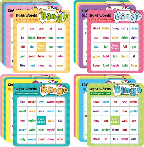 Fancy Land Juego de bingo de palabras a la vista para niños y adultos, listas de palabras de Dolch & Fry's, juego de bingo para pre-k a 3er grado,