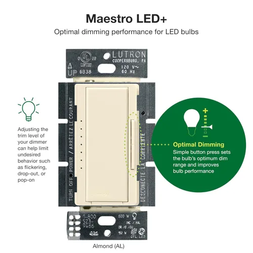 Miniatura 2 de Lutron Maestro LED+ Interruptor regulador de intensidad para bombillas LED regulables, halógenas e incandescentes, 150W/150W/unipolar