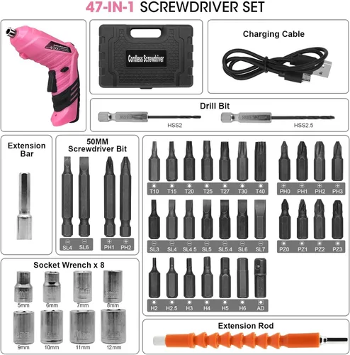 Miniatura 2 de Juego de destornilladores eléctricos inalámbricos rosados, taladro eléctrico pequeño recargable de 3.7 V con juego de 47 puntas de destornillador