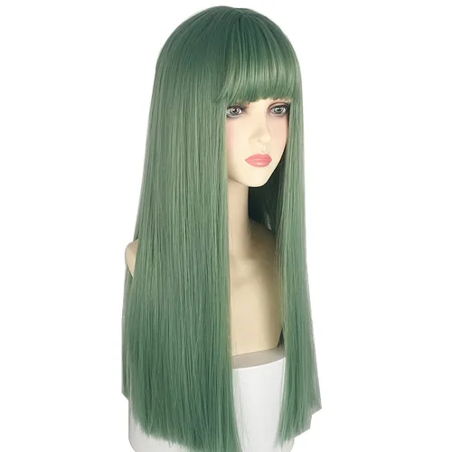 Miniatura 26 de Peluca de 22 pulgadas de largo y lacia con flequillo de cortina para mujer, cabello sintético negro, resistente al calor, para fiesta, cosplay, Té