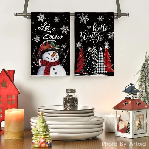 Miniatura 2 de Artoid Mode Toallas de cocina de nieve negra Deja que nieve Árboles de Navidad ¡Hola invierno! Toallas de cocina, toallas de mano de decoración