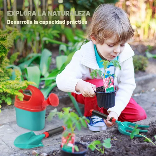 Miniatura 7 de CUTE STONE - Juego de herramientas de jardinería para niños, juguetes de jardín con carretilla, regadera, guantes de jardinería, rastrillo manual