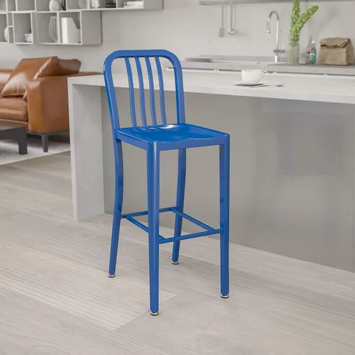 Miniatura 16 de BizChair Taburete de bar de metal negro para interiores y exteriores de 30 pulgadas de alto con respaldo de listón