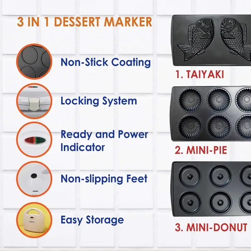 Miniatura 2 de Mini Preparador de Donas, Mini Preparador de Tartas y Quiches, Preparador de Taiyaki – NUEVO Preparador de Postres Desmontable de Tres Rebanadas 3