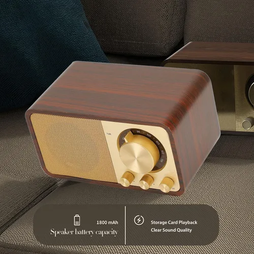Miniatura 5 de Altavoz BT de madera retro vintage, radio AM FM portátil recargable con reproducción AUX/USB/TF, radio retro recargable para cafeterías