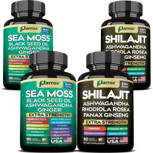 Miniatura 12 de Paquete de Shilajit y musgo marino, musgo marino 350 mg, aceite de semilla negra 200 mg, Ashwagandha 100 mg, cúrcuma, Shilajit 300 mg, Rhodiola
