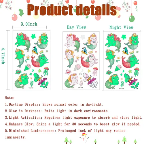 Miniatura 5 de 297 tatuajes luminosos para niños, 16 hojas de estilos mixtos de tatuajes temporales con sirena/dinosaurio/espacio/pirata para niños y niñas