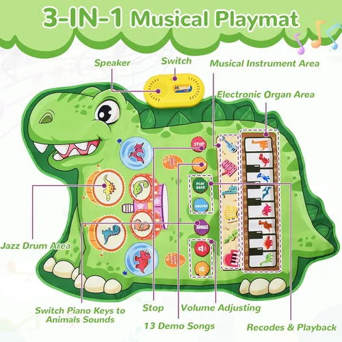 Miniatura 3 de Cyiecw Tapete musical de dinosaurio 3 en 1, tapete de piano para jugar, regalo para niñas de 1, 2 y 3 años, juguetes sensoriales de aprendizaje