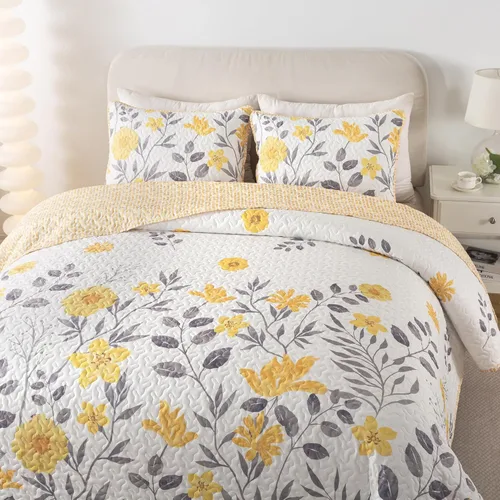 Miniatura 4 de Soul & Lane May Flowers - Juego de edredón gris y amarillo, tamaño individual con 1 funda, colcha acolchada floral ligera de verano, ropa de cama