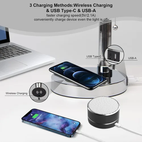 Miniatura 3 de FIRVRE Lámpara de Escritorio de Banquero, Lámpara de Mesa de Vidrio Blanco con Cargador Inalámbrico y Puerto de Carga 2USB, Lámpara con Interruptor