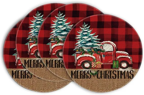 Miniatura 8 de Artoid Mode Manteles Individuales de Camión a Cuadros Buffalo Plaid Feliz Navidad Juego de 4, 12x18 Pulgadas Manteles de Mesa de Árbol de Navidad