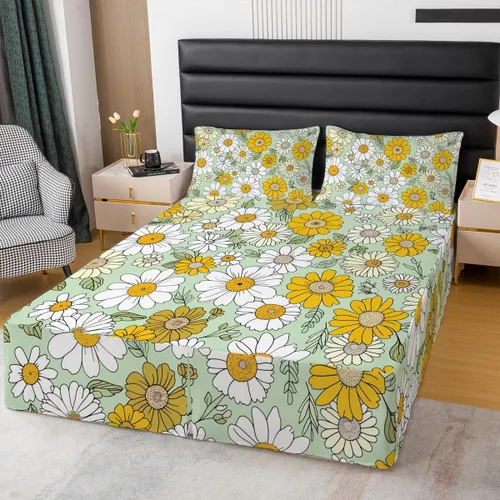 Miniatura 31 de Falda de cama individual de girasol, flores soleadas con esquinas divididas, faldas de cama bohemias florales amarillas, falda de cama para plantas