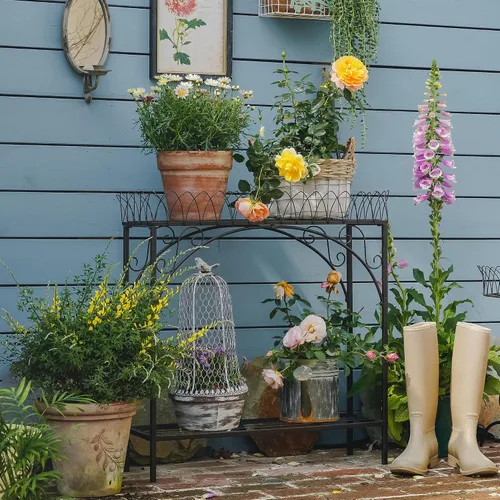Miniatura 9 de Estante largo negro de doble capa, soporte de metal estilo patio francés para plantas altas en maceta, soporte resistente para macetas interiores