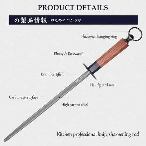 Miniatura 6 de MITSUMOTO SAKARI Varilla de acero para afilar cuchillos redondos de 12 pulgadas, acero de alto carbono recubierto de diamante con mango