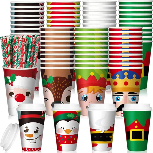 Miniatura 8 de Uiifan Paquete de 50 Tazas de Café Navideñas de 16 oz a Granel Negras Doradas con Copos de Nieve Tazas Desechables Tazas de Papel Feliz Navidad