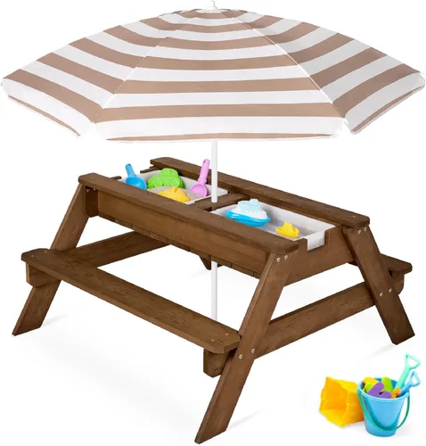 Miniatura 12 de Best Choice Products Mesa de arena y agua 3 en 1 para niños, mesa de picnic convertible de madera para exteriores con paraguas, 2 bandejas, parte