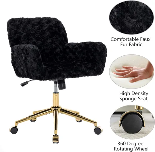 Miniatura 5 de Silla de escritorio de oficina peluda, piel sintética, tapizada, silla de tocador de maquillaje, silla giratoria de altura ajustable, color negro