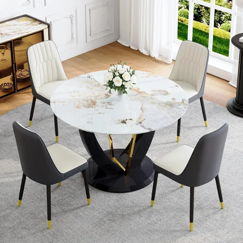 Juego de mesa de comedor redonda para 4, mesa moderna de 48" con tapa de mármol sintético falso y pedestal brillante negro, juego de mesa de cocina