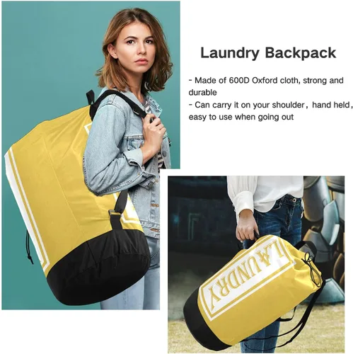 Miniatura 6 de Bolsa de lavandería de viaje de nailon amarillo limón para equipaje sucio resistente organizador de ropa sucia con cierre de cordón y correas