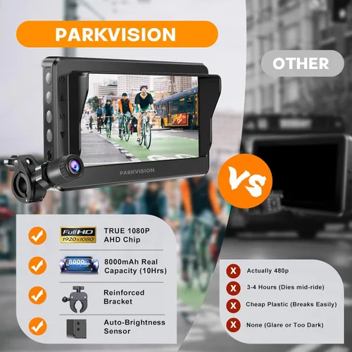 Miniatura 2 de PARKVISION Cámara de visión trasera de bicicleta con parasol, monitor HD 1080P de 4.3 pulgadas con atenuación automática, batería recargable de 8000
