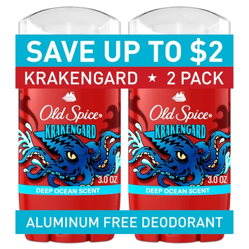 Old Spice Desodorante sin aluminio para hombres, protección contra olores 24/7, frescura 24/7 y aroma duradero, se pone transparente, Krakengard con