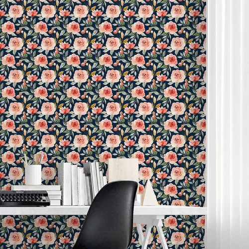 Miniatura 8 de Papel tapiz floral con fondo azul marino, autoadhesivo, extraíble, acuarela, flores, vinilo, papel de pared para estantería, encimera, decoración