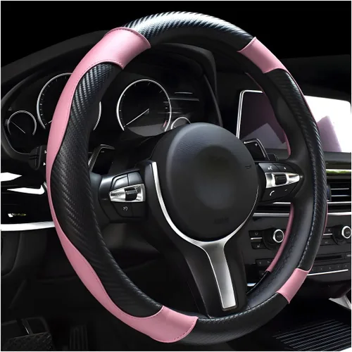 Miniatura 7 de DXNQ Funda para volante de automóvil, 15 pulgadas de fibra de carbono con costuras de piel, protector de volante de color, antideslizante, elástica