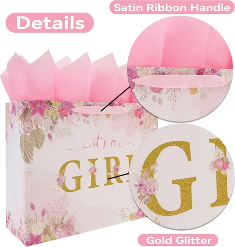 Miniatura 4 de Juego de bolsas de regalo extra grandes de 16.5 pulgadas con asas, tarjeta de felicitación, papel de seda rosa y calcomanías para niñas y niños