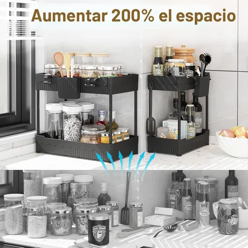 Miniatura 2 de Sevenblue - Juego de 2 organizadores bajo el fregadero, organizador bajo el gabinete del baño con taza colgante con ganchos, estante de Negro