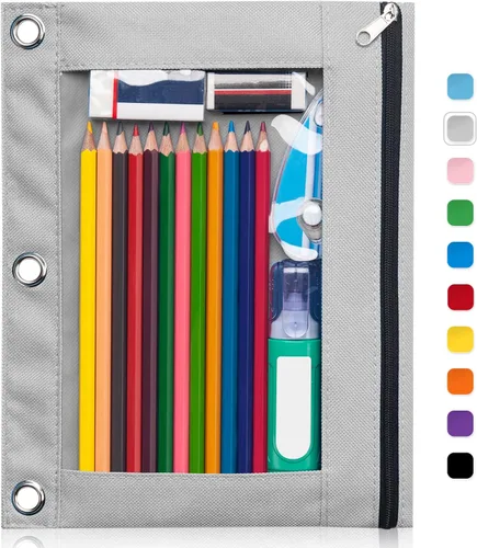 Miniatura 27 de Forvencer Estuche para lápices de 3 anillas, estuche transparente con cremallera suave, bolsa de lápices de gran capacidad con 3 ojales reforzados