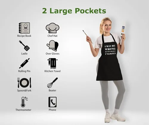 Miniatura 2 de Divertidos delantales para hornear para mujeres y hombres con 2 bolsillos, delantal impermeable ajustable para cocinar cocina a la parrilla
