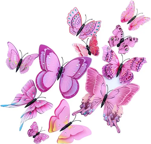 BOPART - 24 calcomanías de mariposa 3D para decoración de fiestas, mariposas rosas, decoración de pared, mariposa magnética para manualidades (12