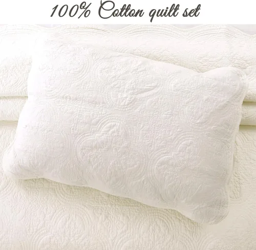 Miniatura 2 de Cozy Line Home Fashions Juego de edredón de ropa de cama acolchada matelassé en relieve con medallón blanco hueso de 100% algodón, colcha ligera
