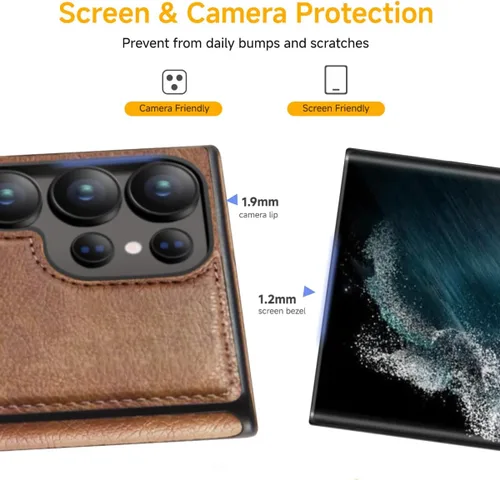 Miniatura 7 de Diseño compatible con Samsung Galaxy S22 Ultra 5G, funda de cuero de lujo, delgada, antideslizante, agarre suave, a prueba de golpes, funda Marrón