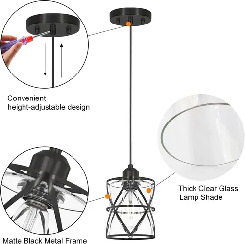 Miniatura 6 de DSMJFU - Paquete de 2 luces colgantes negras, iluminación colgante ajustable de vidrio transparente moderno para cocina, isla, dormitorio, baño