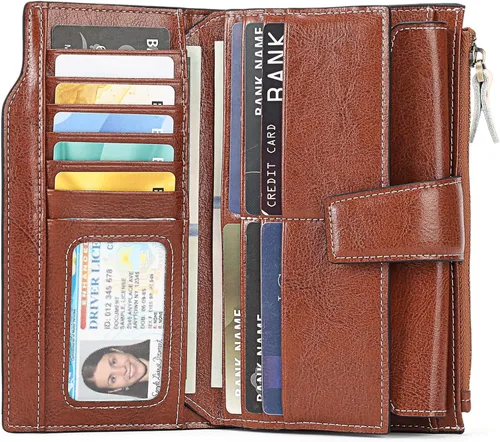 Miniatura 2 de SENDEFN Carteras de cuero para mujer, con bloqueo RFID, tarjetero con bolsillo con cremallera, Beige Marrón, Minimalista
