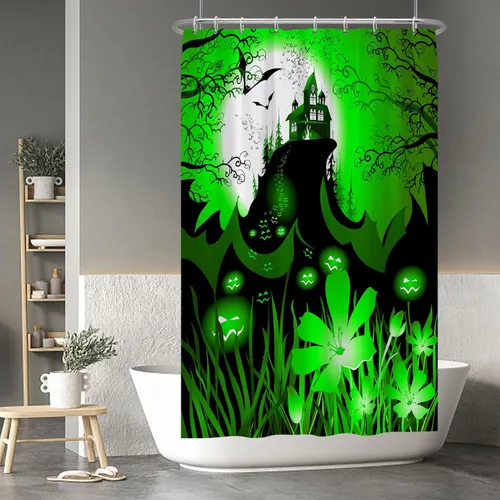 Miniatura 20 de Cortina de ducha de fantasma y gato negro para niños, 36 x 72 pulgadas, espeluznante y bonita, cortina de baño de Halloween con 6 ganchos, cortina
