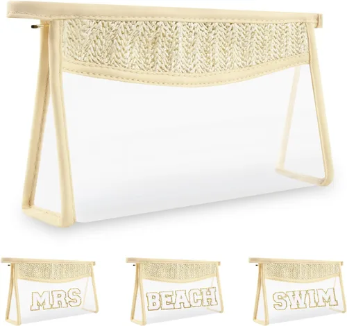 Miniatura 16 de Iqimott 2 bolsas de maquillaje con parches transparentes, bolsa de letras boho para nadar en la playa, bolsas de maquillaje impermeables
