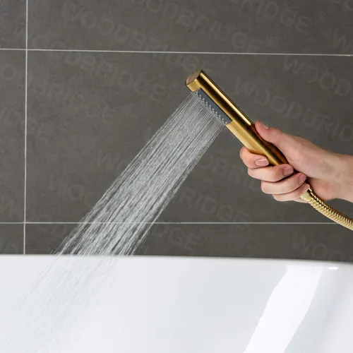 Miniatura 12 de WOODBRIDGE Grifo de llenado de bañera independiente contemporáneo de una sola manija con ducha de mano en acabado dorado cepillado, F0007BGRD