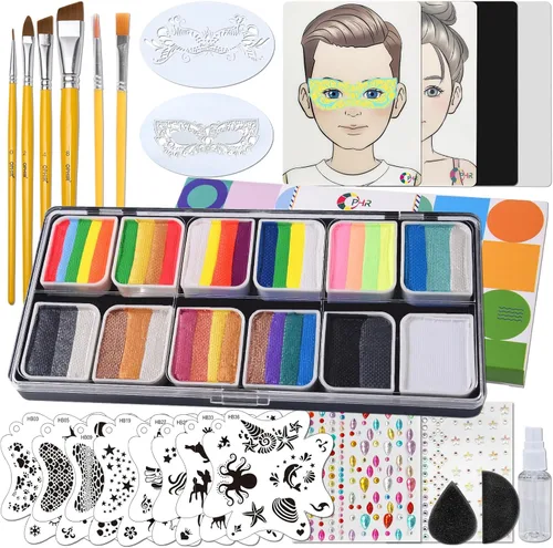 Miniatura 10 de OPHIR Kit profesional de pintura facial para niños y adultos, 5.14 onzas, no tóxica, activada por agua, arco iris, pintura facial con plantillas